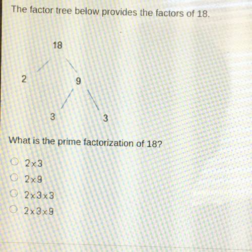 What is the prime factorization of 18?
2x3
2x9
2x3x3
2x3x9