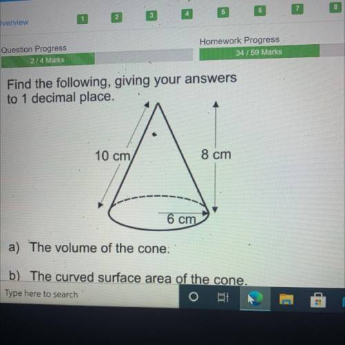Find the volume of a cone with the radius of 6 height of 8 and length of 10