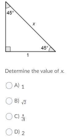 Determine the value of x.

Question 5 options:
A) 
1
B) 
C) 
D) 
2