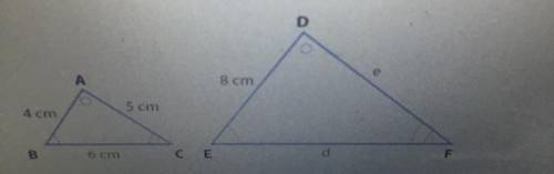 Triangles ABC and DEF are similar. Find e.
A.) 11
B.) 12
C.) 10
D.) 9