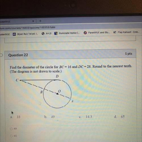 Find the diameter of the circle for BC = 16 and DC = 28. Round to the nearest tenth.

(The diagram