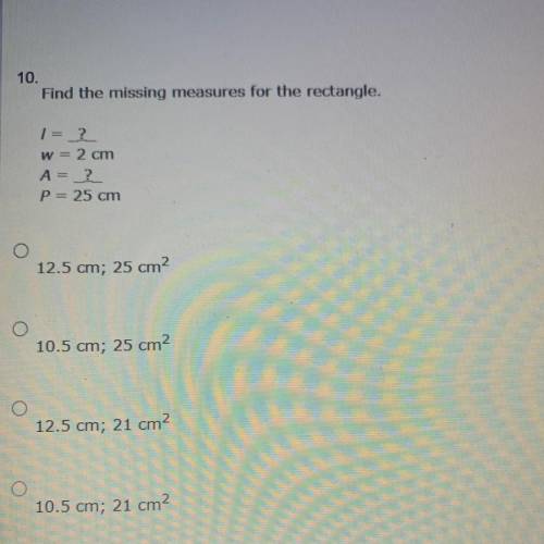 Find the missing measures for the rectangle.