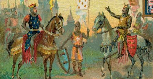 In this painting from medieval times what item hanging from horses suggests battle will occur?