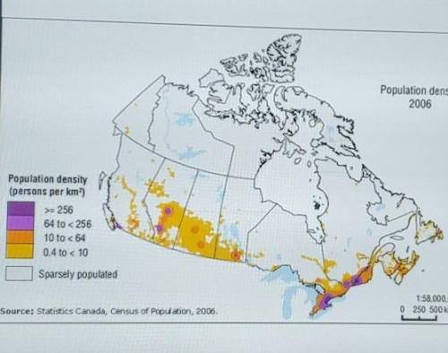 Focusing on the population density map of Canada 1. Where are the population centers? 2. why do you