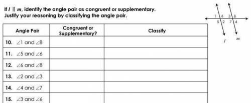 If I || m, identify the angle pair as congruent or supplementary. Justify your reasoning by classif