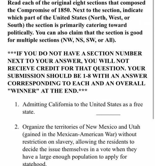 Read each of the original eight sections that composed the Compromise of 1850. Next to the section,
