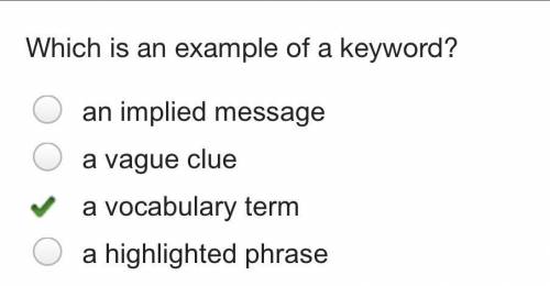 Which is an example of a keyword?

an implied message
a vague clue
a vocabulary term✅
a highlighte