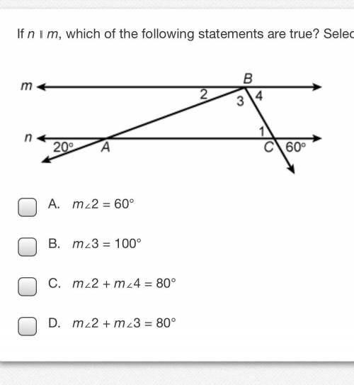 If n ∥ m, which of the following statements are true? Select all that apply.