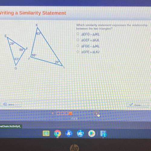 Which similarity statement expresses the relationship between the two triangles???

Help me plzzzz