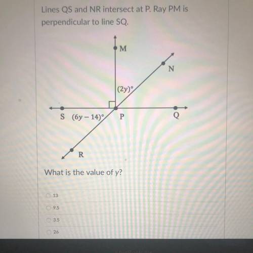 Lines QS and NR intersect at P. Ray PM is perpendicular to line SQ.
What is the value of y?