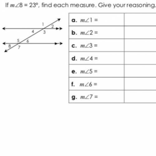If m angle8=23^ , find each measure . Give your reasoning . m angle1= b m angle2= 5 m angle3= d. m