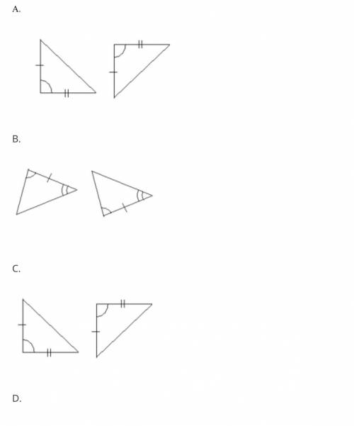 In each pair of triangles, parts are congruent as marked. Which pair of triangles is congruent by A