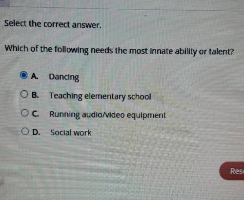 Select the correct answer. Which of the following needs the most innate ability or talent? Dancing
