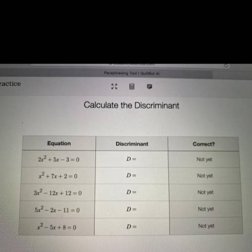 PLZZ HELP!

Calculate the Discriminant
Equation
Discriminant
Correct?
2x² + 5x – 3=0
D=
Not yet
x2