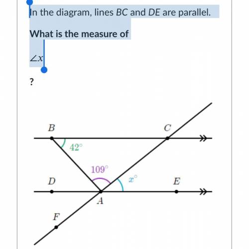 Diagram, line bc is parallel to de. i.e bc de abc = 42 cab = 109 find falls