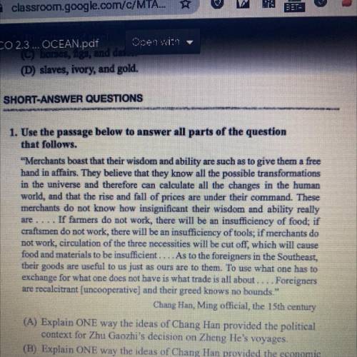 Explain ONE way the ideas of Chang Han reflect a traditional Chinese view of China's relationship w