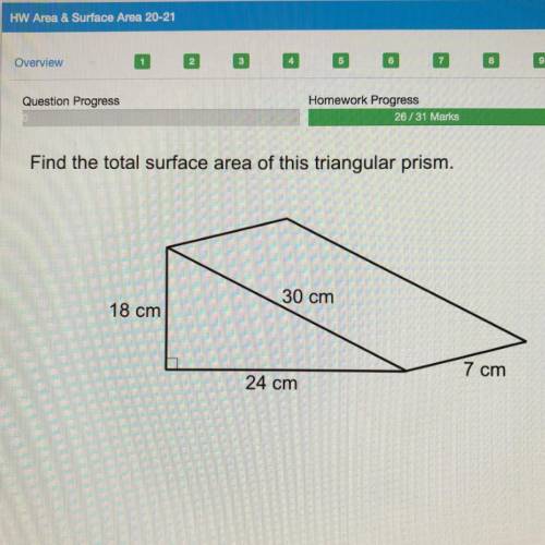 Find the total surface area of this triangular prism.
30 cm
18 cm
7 cm
24 cm