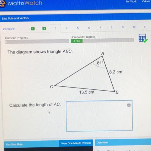 61%

The diagram shows triangle ABC.
А
81°
8.2 cm
С
13.5 cm
B.
Calculate the length of AC.
The Sin