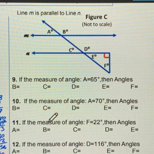 Line m is parallel to Line n.

Figure C
(Not to scale)
АО
Bº
Cº
Dº
E
9. If the measure of angle: A