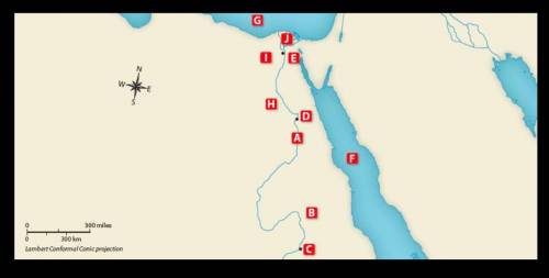Match the letters on the map with the numbered places listed below.

1. Nile Delta
2. Red Sea
3. L