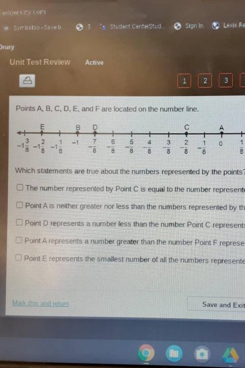 Points A, B, C, D, E, and F are located on the number line