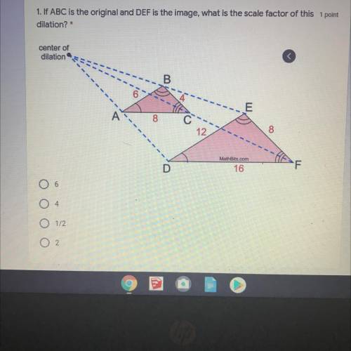If ABC is the original and DEF is the image, what is the scale factor of this dilation ?
