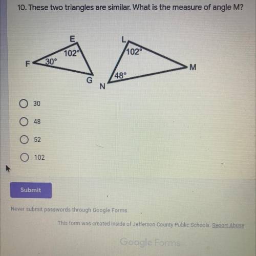 These two triangles are similar what is the measure of angle M?