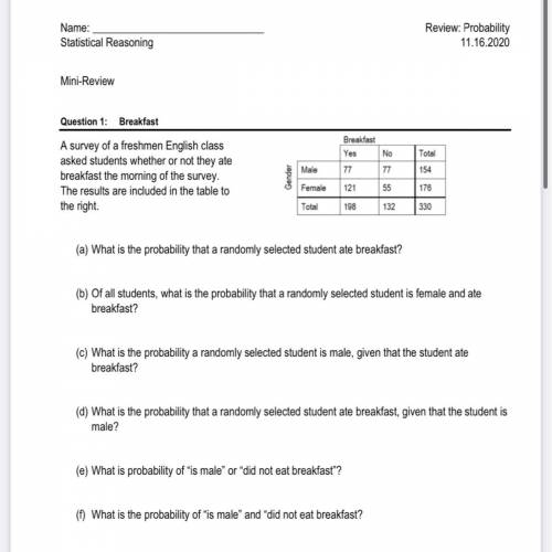Statistics Probability

A survey of a freshmen English class asked students whether or not they at