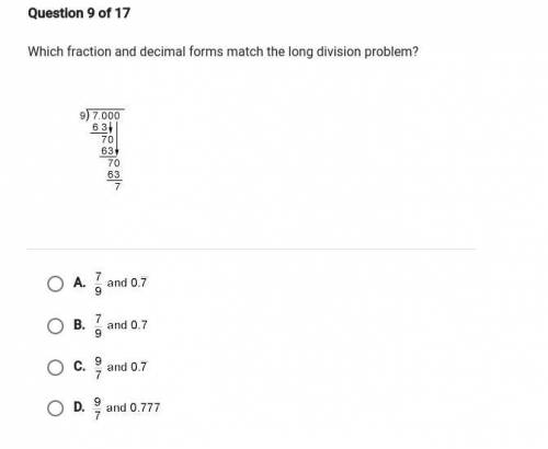 Which fraction and decimal forms match the long division problem ?