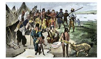 Lewis and Clark’s group are shown standing on the edge of a Native American camp, about to shake ha