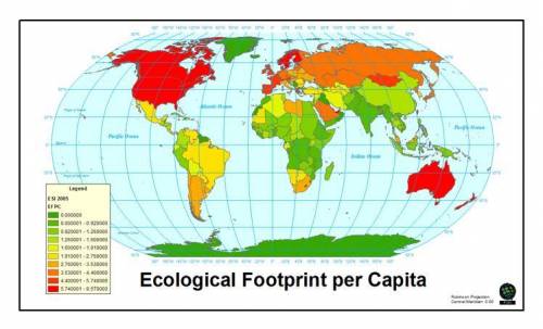 India and Iceland are both depicted as green on this map (small footprint per capita). Explain how