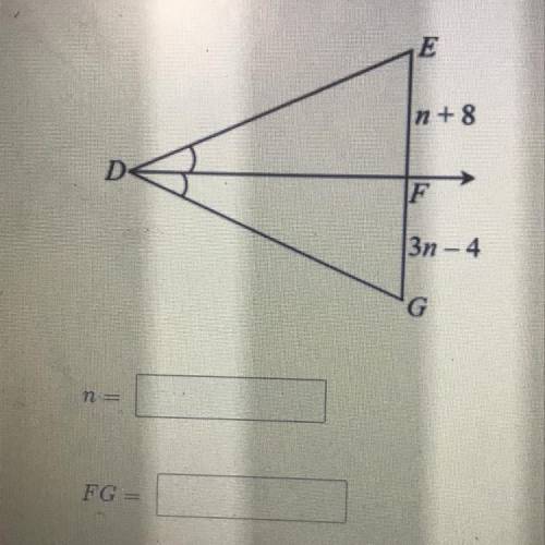 DF bisects < EDG. Solve for n , then find the length of FG .

Note: the diagram is not drawn to