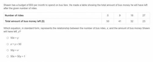 Which equation, in standard form, represents the relationship between the number of bus rides, x, a