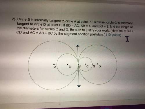 Circle B is internally tangent to Circle A at point P. Likewise, circle C is internally tangent to