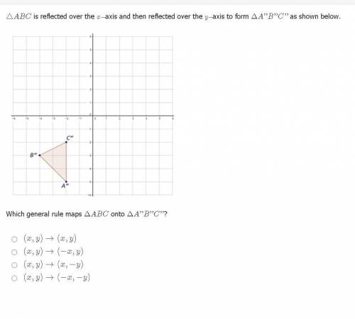 △ABC is reflected over the x−axis and then reflected over the y−axis to form ΔA''B''C'' as shown be