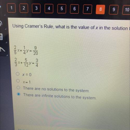 Using cramers rule, what is the value of x in the solution to the system of linear equations below?