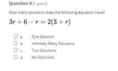 How many solutions does the following equation have?
3r+6-r=2(3+r)