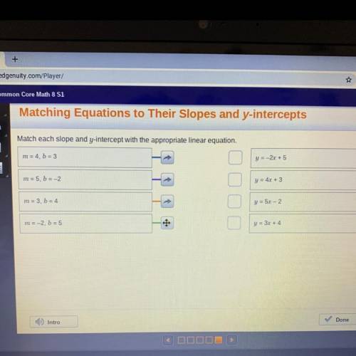Match each slope and y-intercept with the appropriate linear equation.

m= 4, b = 3
y = -2x + 5
m=