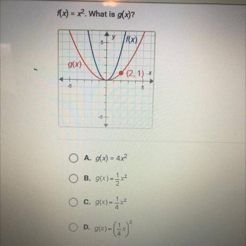 O A. g(x) = 4x^2
O B. g(x)=2x^2
C. g(x)= 1/4^2
O D. g(x)= (1/4x)^2