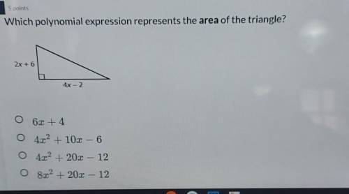 5 points Which polynomial expression represents the area of the triangle? 2x + 6 4x - 2 0 6x + 4 -