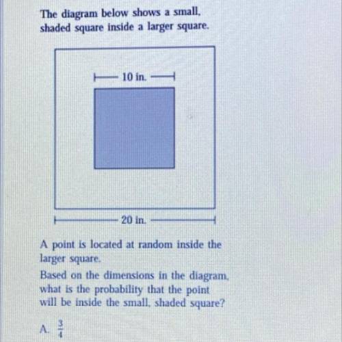 The diagram below shows a small,

shaded square inside a larger square.
10 in.
20 in
A point is lo