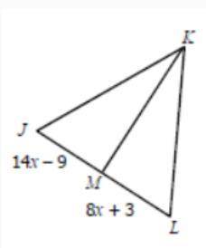 If segment KM is the perpendicular bisector of segment JL, calculate JL.