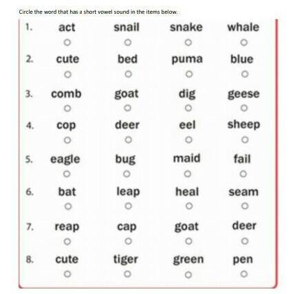 Pls complete itcircle the word that has a short vowel sound in the items below