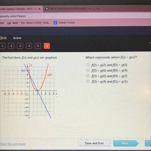 6

TIME REMAINING
51:09
The functions f(x) and g(x) are graphed.
Which represents where f(x) = g(x