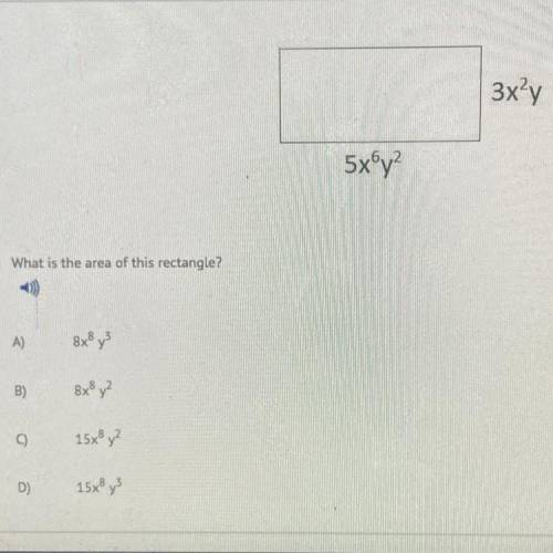 3x'y
5хбу?
What is the area of this rectangle?
А)
B)
в у
О)
15 у
D)