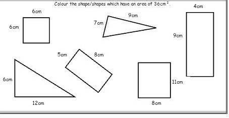 Pls complete it (picture)circle the shape.shapes which have an area of 36cm square 2