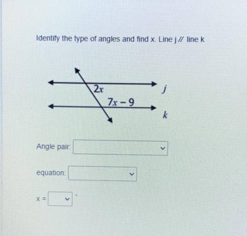 Identify the type of angles and find x. Line j // line k
Please help me with this