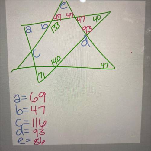 Find all the missing angles (a,b,c,d,e)