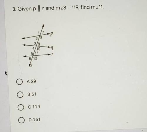 Given p ll r and m angle 8=119, find m angle 11