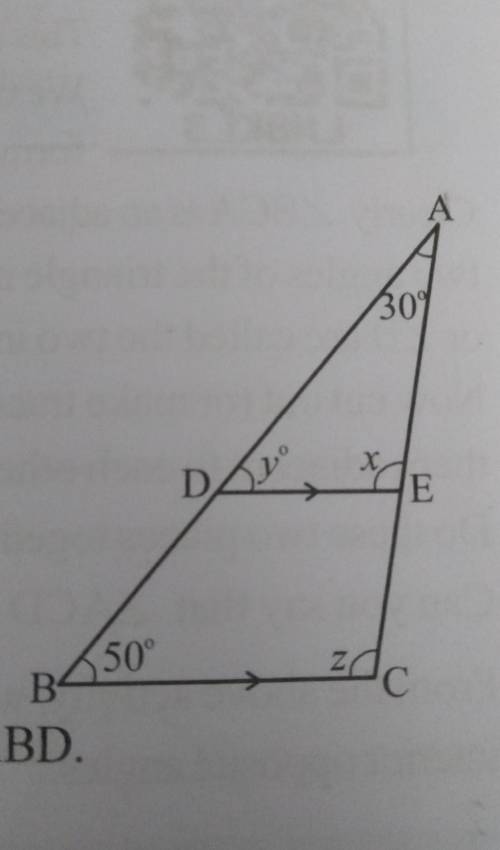 in the figure, line segment DE is parallel to line segment BC, angle A = 30° and angle B = 50°. Fin